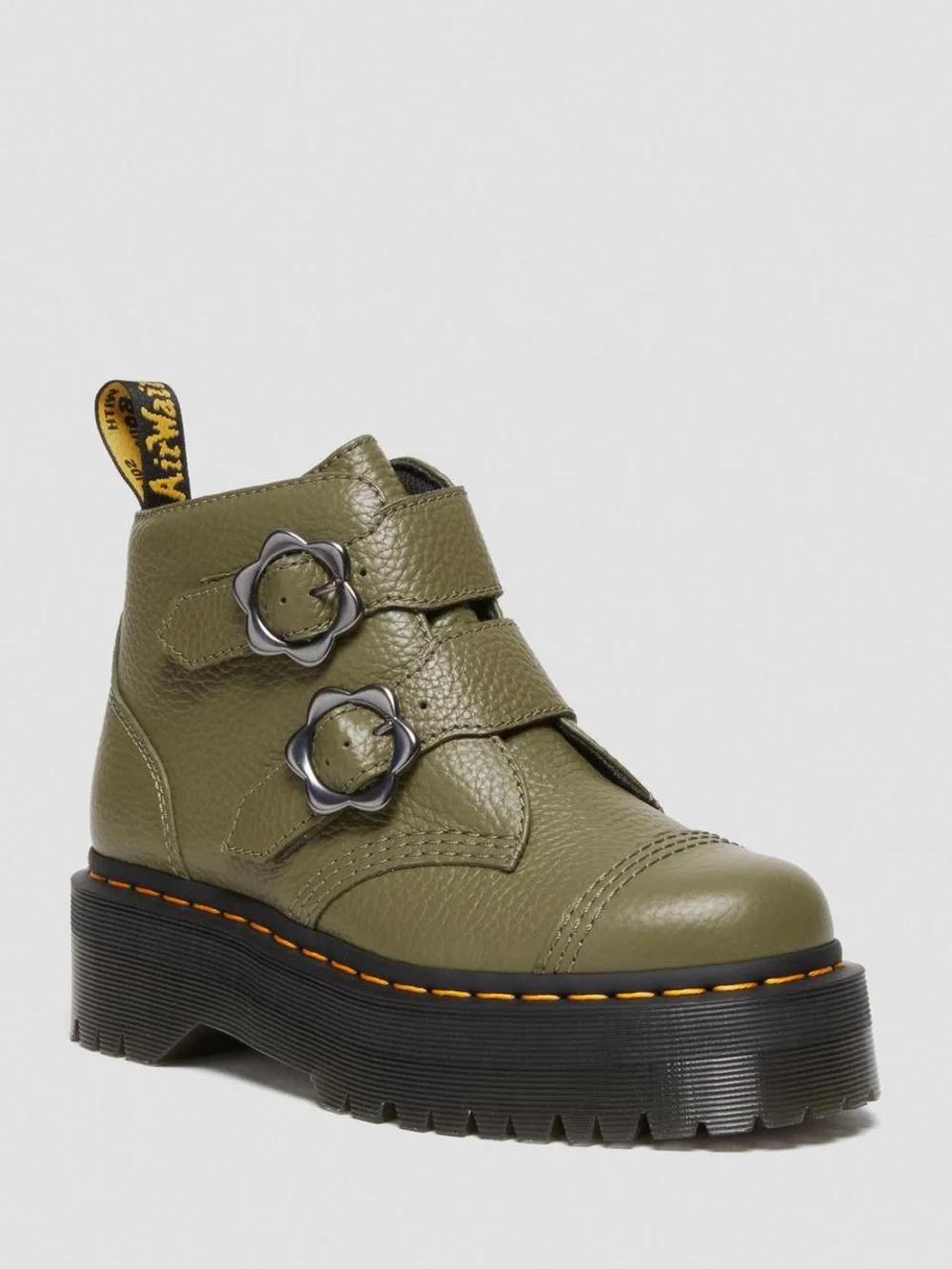 Doc Martens Devon Flower Buckle Leather Platform Boots in Green